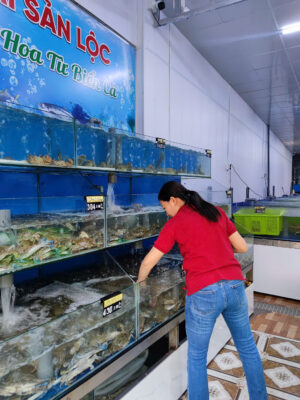 vựa hải sản tiêu chuẩn với hệ thống bể kính sạch sẽ, nước trong veo