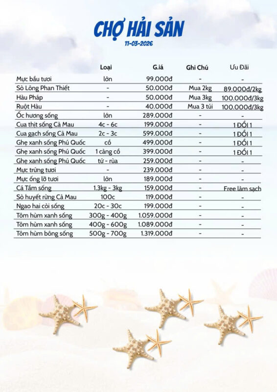 Bảng Giá Hải Sản Hôm Nay 12/3 Cực Kỳ Hời Chỉ Có Tại Hải Sản Lộc