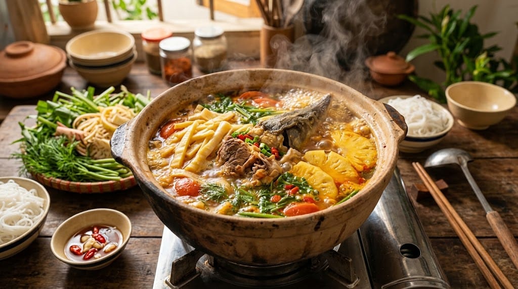 Nồi lẩu cá tầm măng chua cay bốc khói nghi ngút, màu sắc bắt mắt với sắc đỏ của cà chua, sắc vàng của dứa và những lát cá tầm trắng ngần