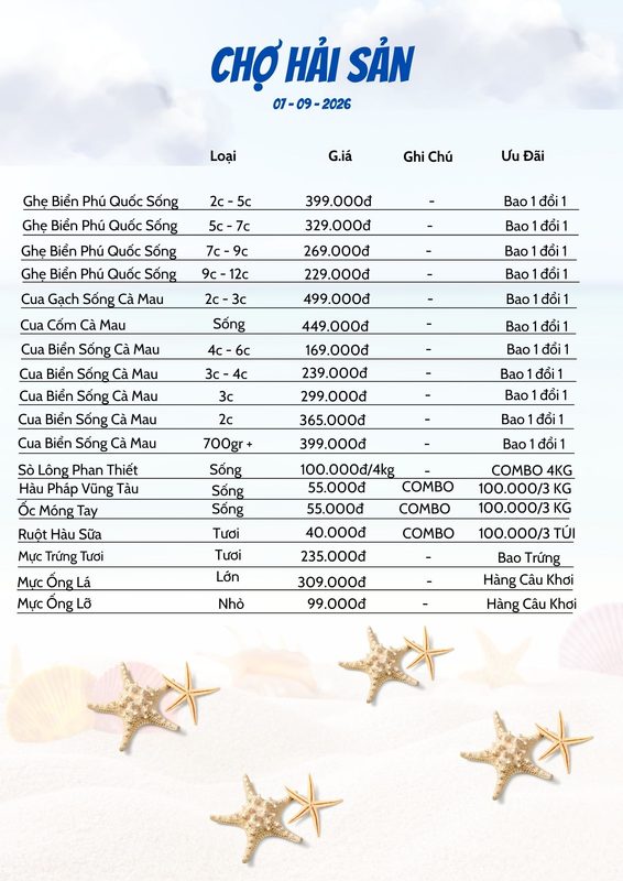 bảng giá hải sản hôm nay