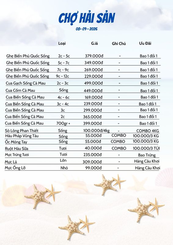 bảng giá hải sản hôm nay